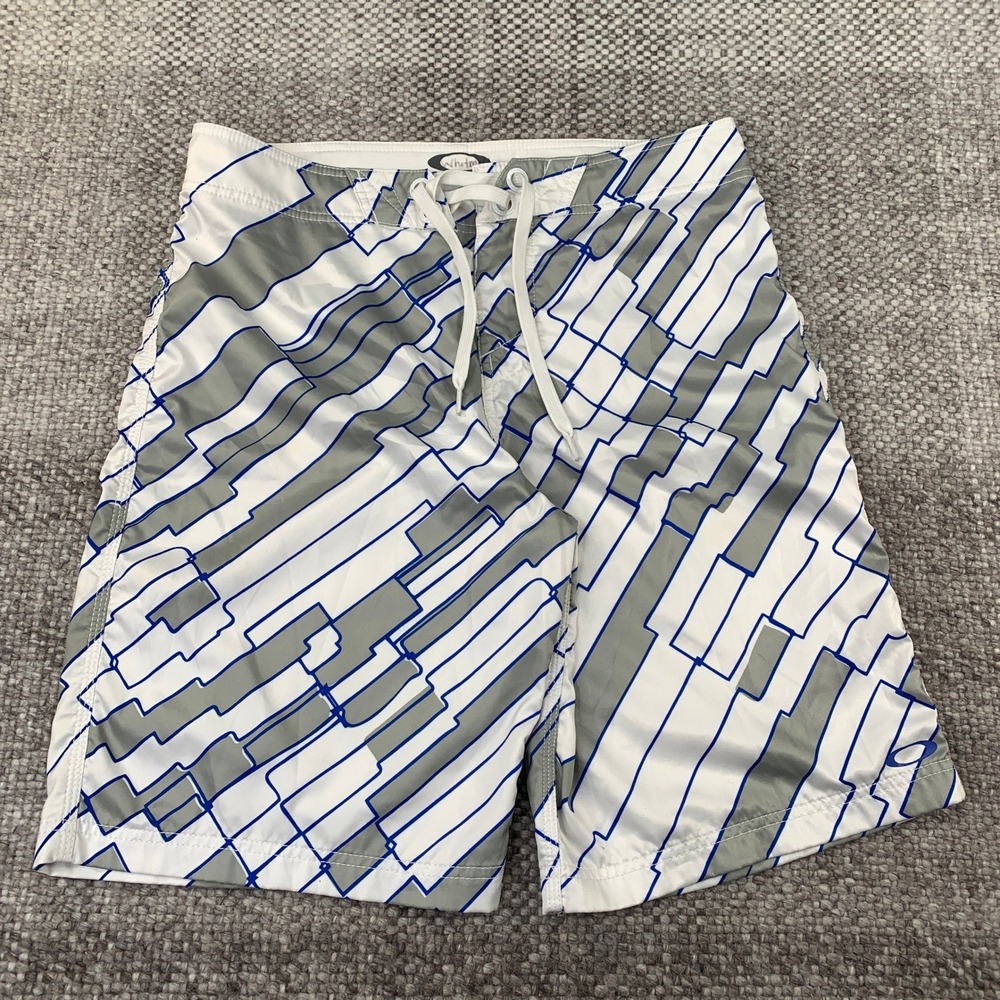 Oakley Board Shorts Men 33 White Blue Grey Geometric Abstract Stripe Mesh Lined